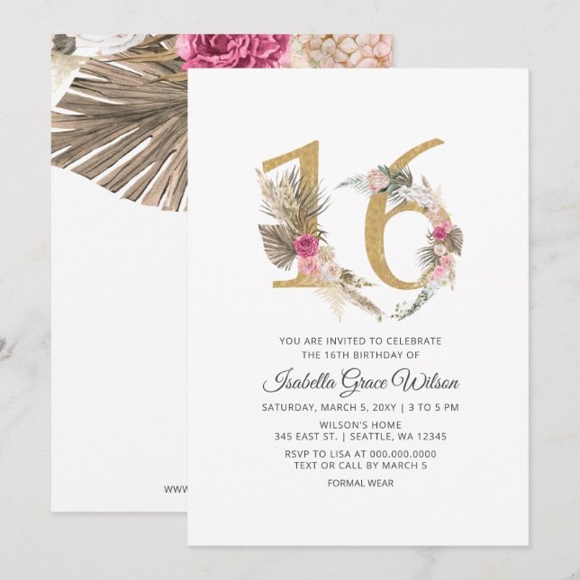 Rustic Boho Guld Pampas Sweet 16 Birthday Inbjudningar (Fram/baksida)