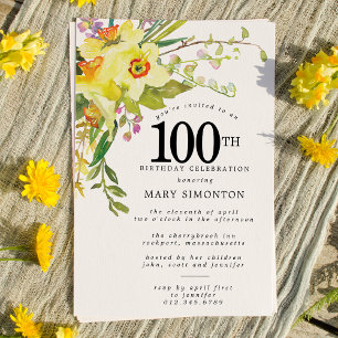 Rustic Boho Gult Daffodil 100:e födelsedagen Inbjudningar