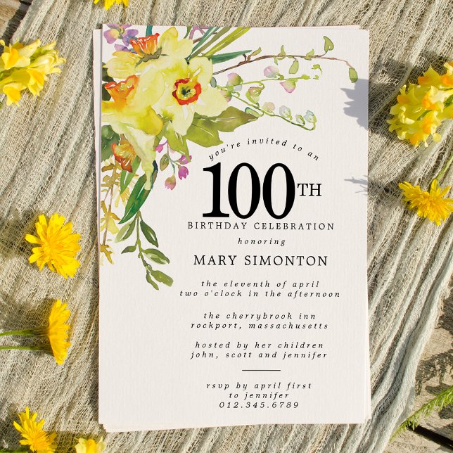 Rustic Boho Gult Daffodil 100:e födelsedagen Inbjudningar (Skapare uppladdad)
