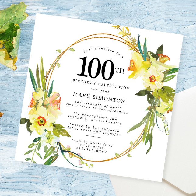 Rustic Boho Gult Daffodil 100:e födelsedagen Inbjudningar (Skapare uppladdad)