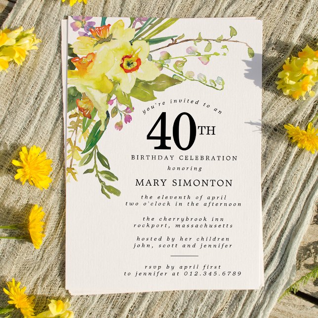 Rustic Boho Gult Daffodil 40:e födelsedagen Inbjudningar (Skapare uppladdad)