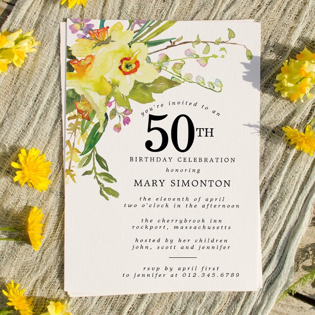 Rustic Boho Gult Daffodil 50:e födelsedagen Inbjudningar (Skapare uppladdad)
