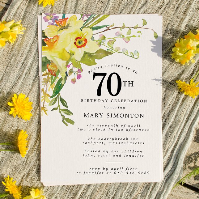 Rustic Boho Gult Daffodil 70:e födelsedagen Inbjudningar (Skapare uppladdad)