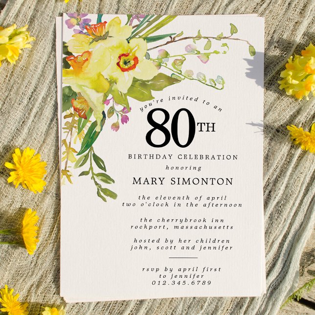 Rustic Boho Gult Daffodil 80:e födelsedagen Inbjudningar (Skapare uppladdad)