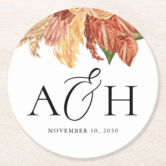 Rustic Boho Handflatan Löv Monogram Bröllop Underlägg Papper Rund (Framsidan)