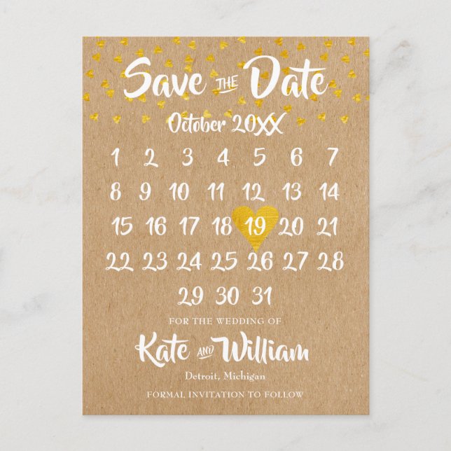 Rustic Boho Heart Calendar Foto Save Date (Spara d Meddelande Vykort (Framsida)