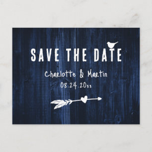 Rustic Boho Heart Navy Blue Bröllop spara datum Vykort