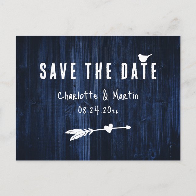 Rustic Boho Heart Navy Blue Bröllop spara datum Vykort (Framsida)