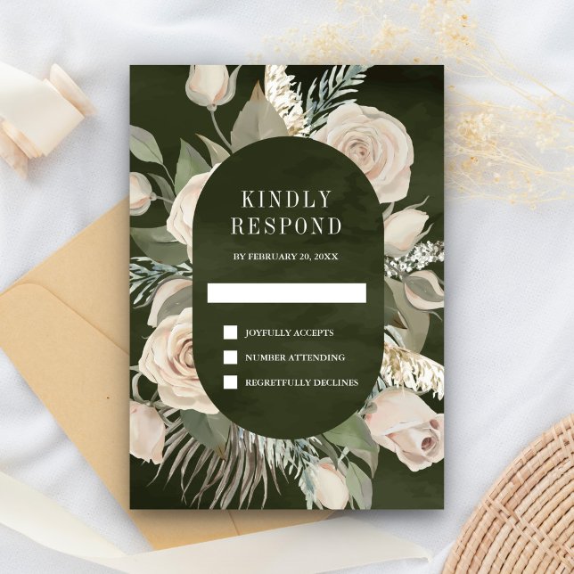 Rustic Boho Ivory Ro Mörk Sage Grönt Bröllop OSA Kort (Skapare uppladdad)