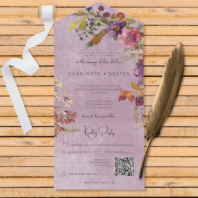 Rustic Boho Jewel Tone Lila Blommigt QR Code (Skapare uppladdad)