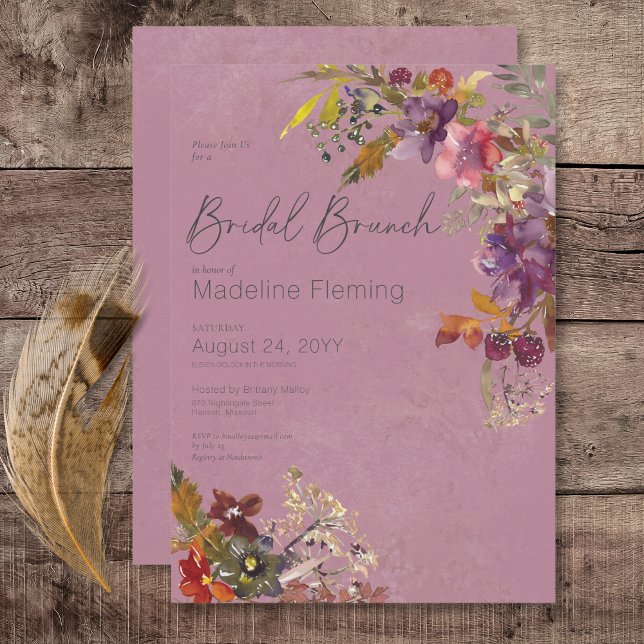 Rustic Boho Jewel Tone Plum Blommigt Möhippa Brunc Inbjudningar (Rustic Boho Jewel Tone Plum Florals Bridal Brunch Invitation)