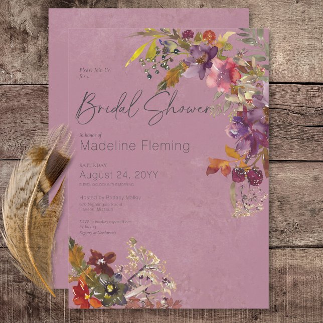 Rustic Boho Jewel Tone Plum Blommigt Möhippa Inbjudningar (Rustic Boho Jewel Tone Plum Florals Bridal Shower Invitation)