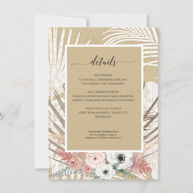 Rustic BOHO Kraft Blommigt Pampas Grass Tropical Inbjudningar (Framsida)