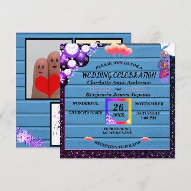 Rustic Boho Lila Glitter Blue Wooden Bröllop Inbjudningar (Fram/baksida)