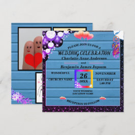 Rustic Boho Lila Glitter Blue Wooden Bröllop Inbjudningar