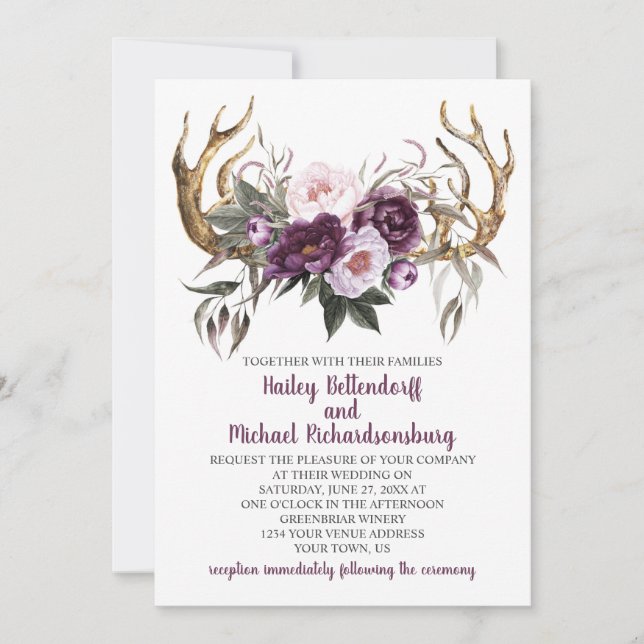 Rustic Boho Lila Plum Peonies Antlers Bröllop Inbjudningar (Framsida)