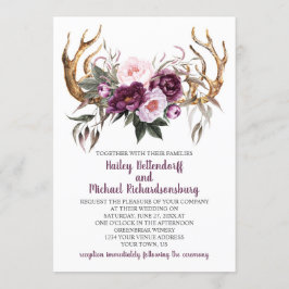 Rustic Boho Lila Plum Peonies Antlers Bröllop Inbjudningar