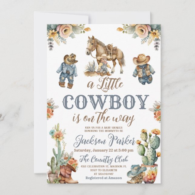 Rustic Boho Little Cowdoy Vilda western Baby Showe Inbjudningar (Framsida)