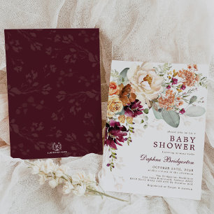 Rustic Boho Maroon Burnt Orange Blommigt Baby Show Inbjudningar