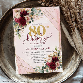 Rustic Boho Maroon Guld Ro 80:e födelsedagen Inbju Inbjudningar