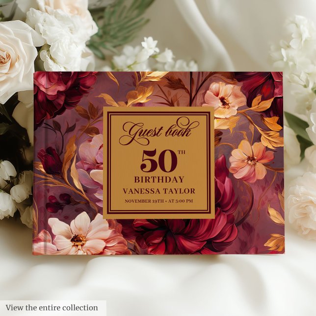 Rustic Boho Merlot  Guld Flowers 50:e dagen Gästböcker (Rustic Boho Merlot Blush Gold Flowers 50th Bday Guest Book)