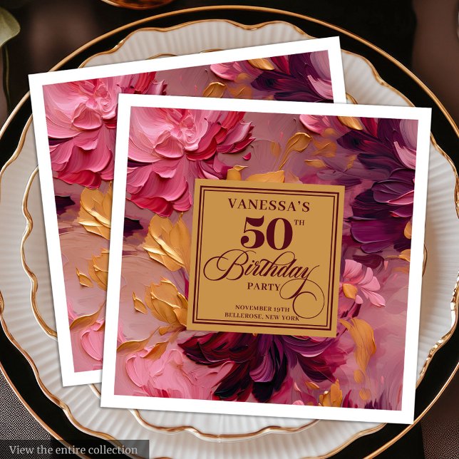 Rustic Boho Merlot Rosa Guld 50-års Födelsedag Ser Pappersservett (Rustic Boho Merlot Blush Gold 50th Birthday Napkin)