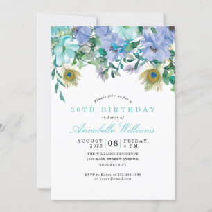 Rustic Boho Mint Grönt Blue Blommigt 30års födelse Inbjudningar