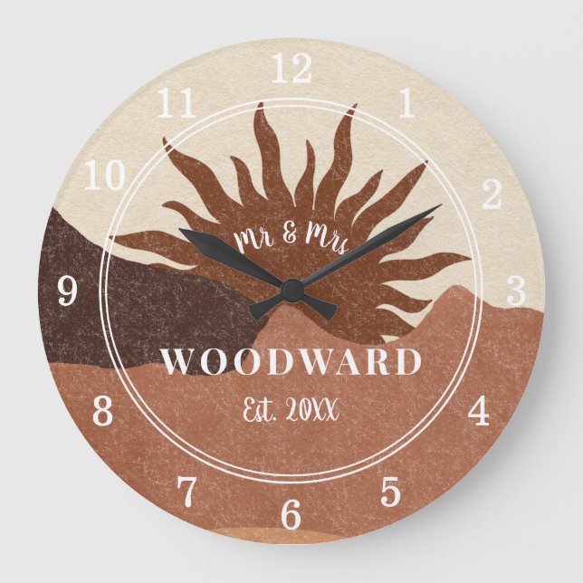 Rustic Boho Monogrammed Bröllop Newlyows Stor Klocka (Framsida)