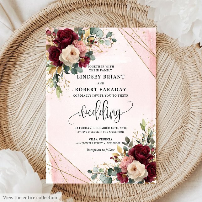 Rustic Boho Mörk Red Guld  Ro Bröllop Inbjudningar (Rustic Boho Dark Red Gold Blush Roses Wedding Invitation)
