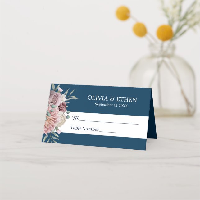 Rustic Boho navy Blue blommigt Place Card Placeringskort (Framsida)