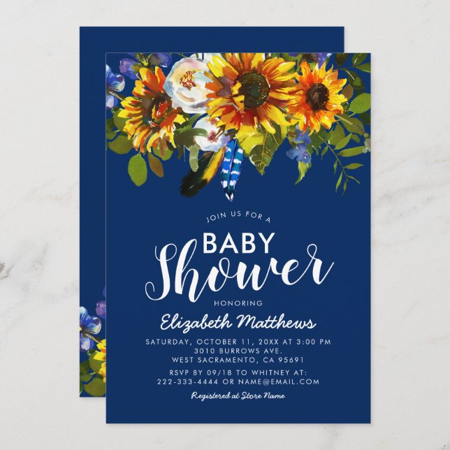 Rustic Boho Navy Blue SunblommBaby Shower Inbjudningar (Fram/baksida)