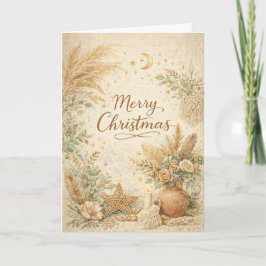 Rustic Boho Neutral Floral Merry Christmas Helgkort