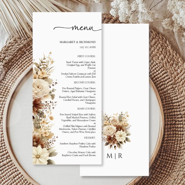 Rustic Boho Neutralt Blommigt Bröllop Menu Meny (Skapare uppladdad)