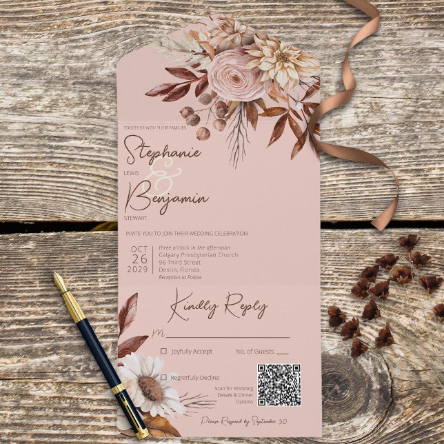 Rustic Boho  Neutralt Blommigt Rosa QR-kod (Skapare uppladdad)