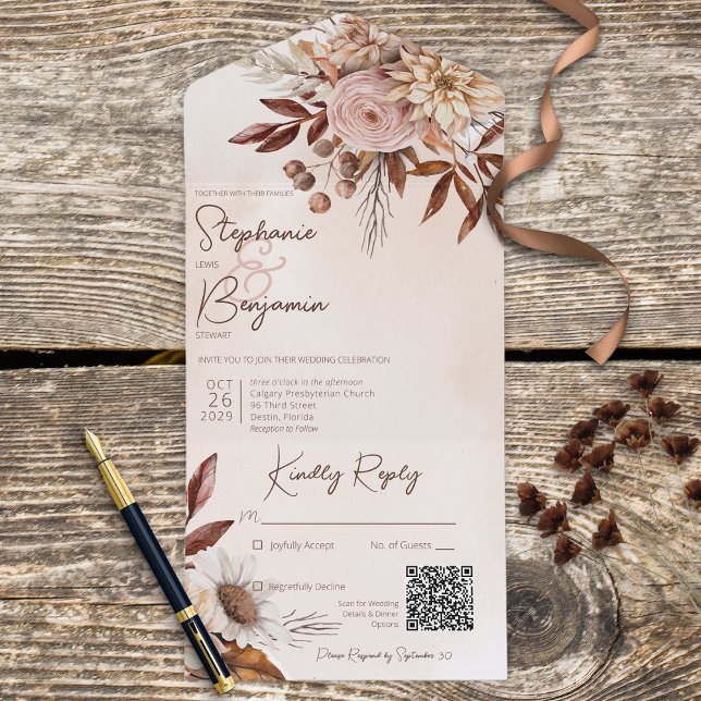 Rustic Boho  Neutralt Blommigt Tan QR-kod (Skapare uppladdad)
