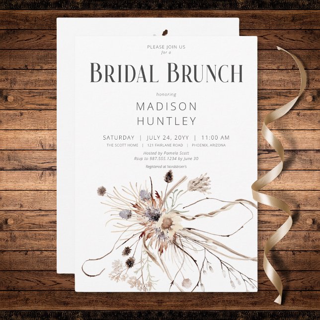 Rustic Boho Neutralt Dried Flowers Möhippa Brunch Inbjudningar (Rustic Boho Neutral Dried Flowers Bridal Brunch Invitation)