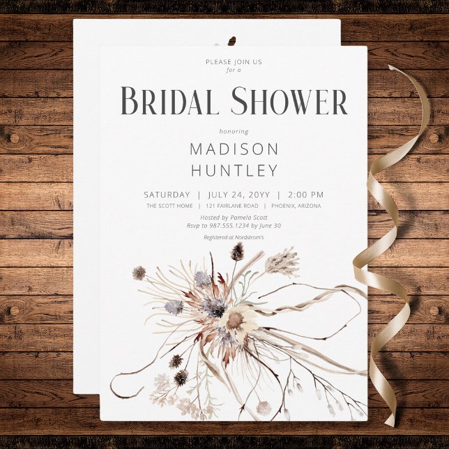 Rustic Boho Neutralt Dried Flowers Möhippa Inbjudningar (Rustic Boho Neutral Dried Flowers Bridal Shower Invitation)