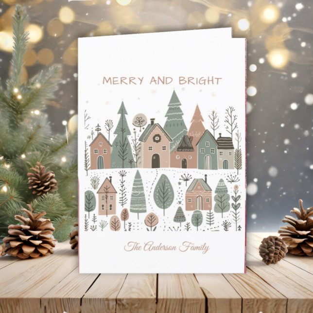 Rustic Boho Neutralt Earth Tone Minimalist Village Helgkort (Scandinavian village folded Christmas greeting card)