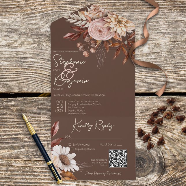 Rustic Boho  Neutralter Blommigt Brown QR-kod (Skapare uppladdad)