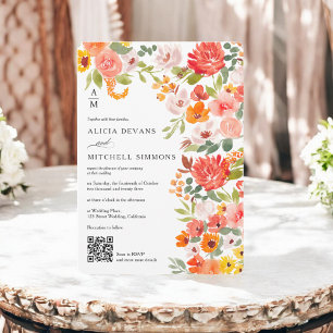 Rustic Boho Orange Blommigt Watercolor QR bröllop Inbjudningar