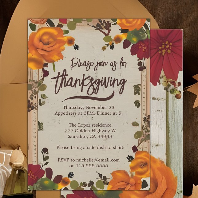 Rustic Boho Orange Fall Blommigt Thanksgiving Midd Inbjudningar (Boho floral border Thanksgiving dinner party invitation with orange roses)