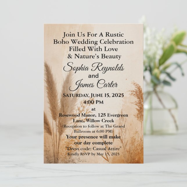 Rustic Boho | Pampas Grass Earthy Tones Bröllop Inbjudningar (Stående Fram)