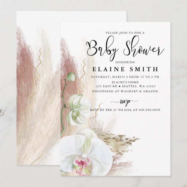 Rustic Boho Pampas Grass Orchid Baby Shower Inbjudningar (Fram/baksida)