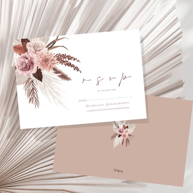 Rustic Boho Pampas Grass Terracotta Bröllop OSA Kort (Boho Dusty Pink Dried Flowers Pampas Grass Wedding RSVP Card)