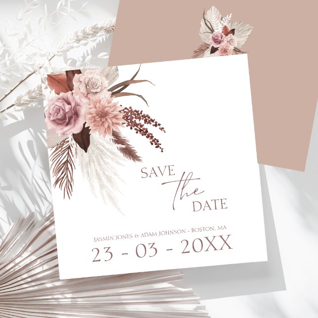 Rustic Boho Pampas Grass Terracotta Bröllop Spara Datumet (Boho Dusty Pink Dried Flowers Pampas Grass Wedding Save The Date)