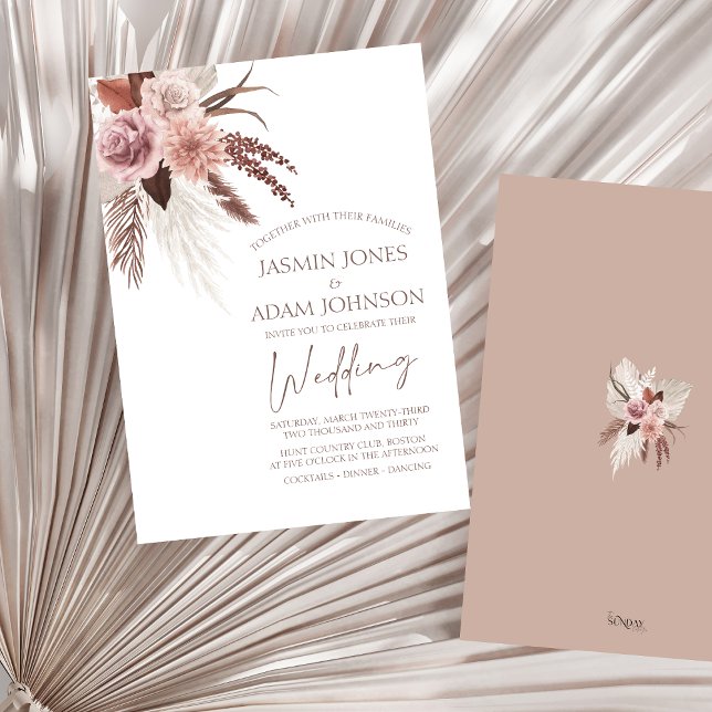 Rustic Boho Pampas grass Torkade blommor Bröllop Inbjudningar (Boho Dusty Pink Dried Flowers Pampas Grass Wedding Invitation)