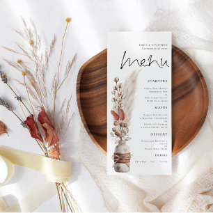 Rustic Boho Pampas Grasses Bröllop Menu Meny