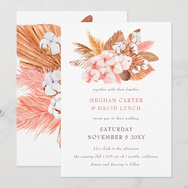 Rustic Boho Pampas Orchids Cotton  Bröllop Inbjudningar (Fram/baksida)