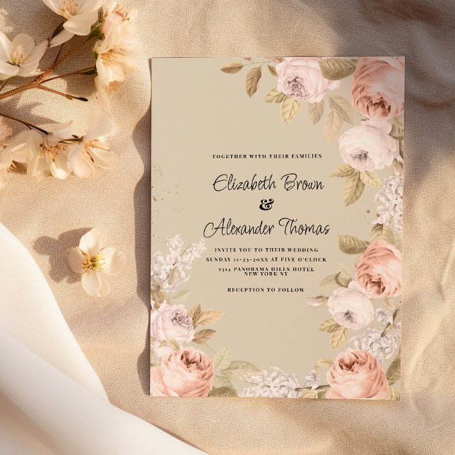 Rustic boho pink coral ivory floral wedding  inbjudningar (Rustic boho pink coral ivory floral wedding)