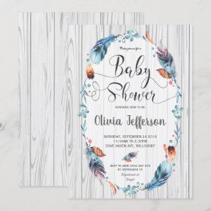 Rustic Boho Pojke Shower Tribal Feathers Inbjudningar